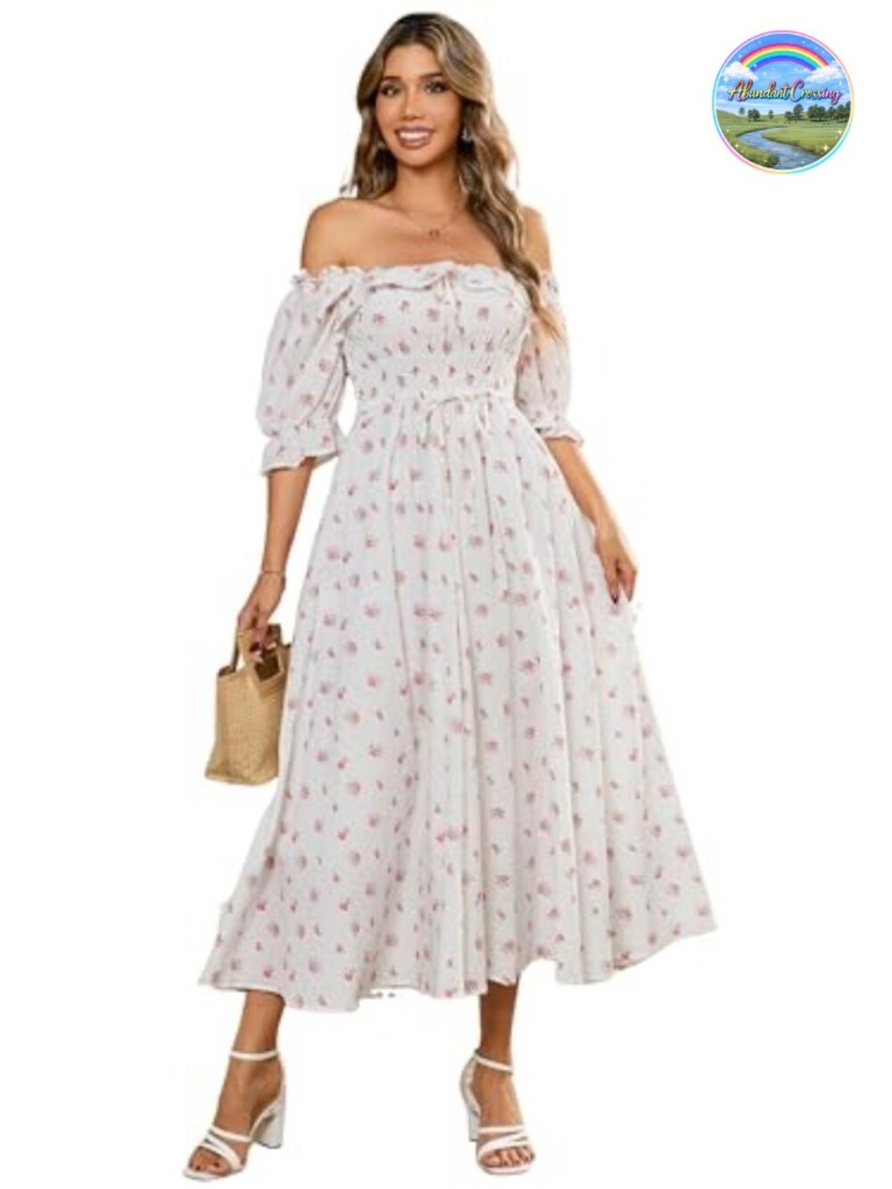 Cotton A Line Flowy Midi Dress Square Neck Puff Sleeve Summer